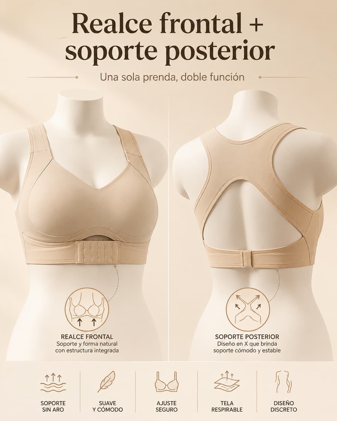 Referencia visual de la espalda del brasier con soporte posterior en X
